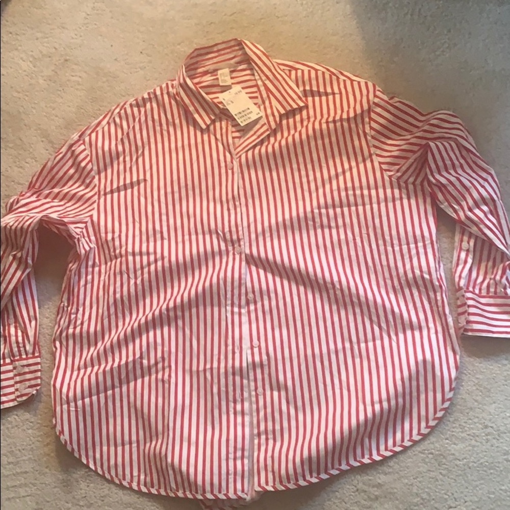 Red and white striped button down dress shirt